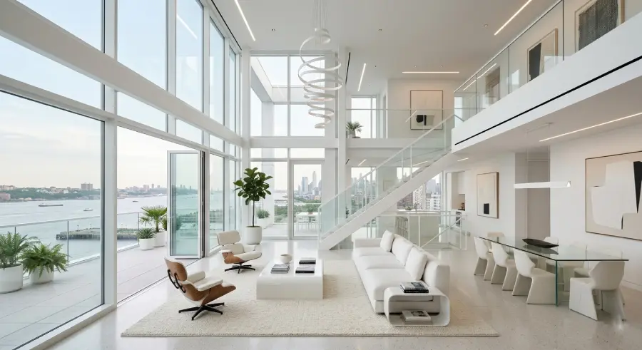 Hugh Jackman house West Village triplex glass great room Hudson River view