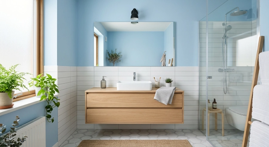 light blue bathroom design with white tiles and floating vanity