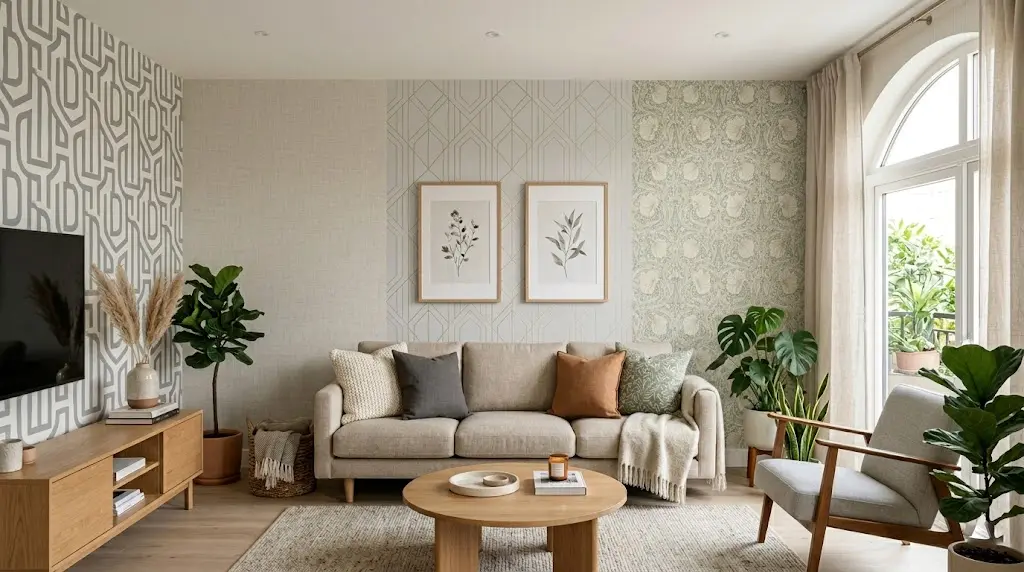 Living room wallpaper styles floral geometric textured neutral