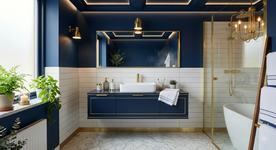navy blue bathroom with marble floor and brass fixtures