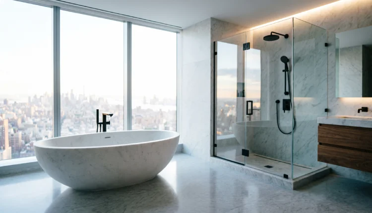 Marble bathroom with tub in Justin Timberlake penthouse