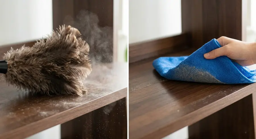 traditional feather duster spreading dust and a microfiber cloth trapping it.