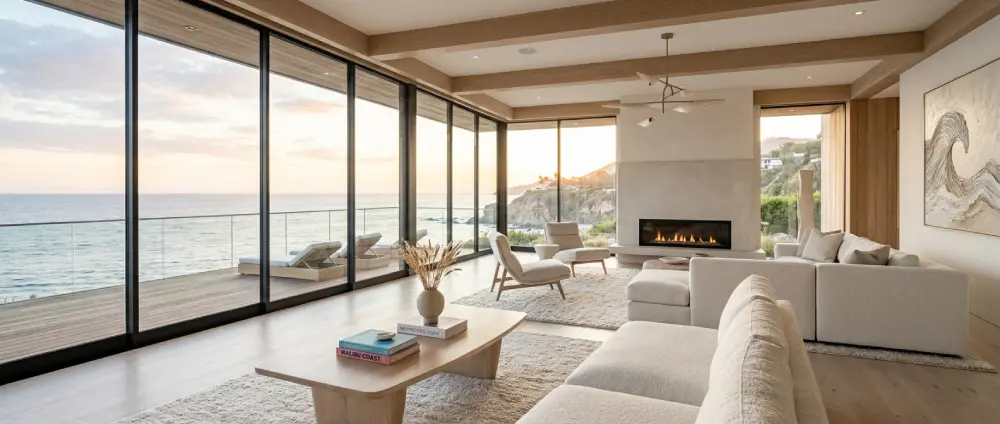 Leonardo DiCaprio House interior with ocean views and minimalist coastal decor.
