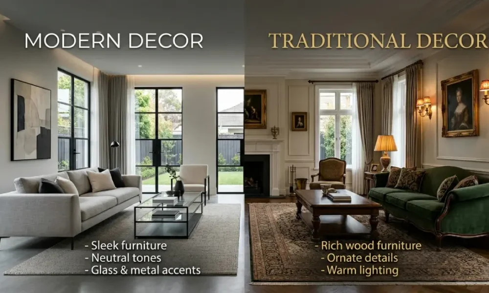 Modern vs traditional decor styles side-by-side in a living room