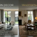 Modern vs traditional decor styles side-by-side in a living room