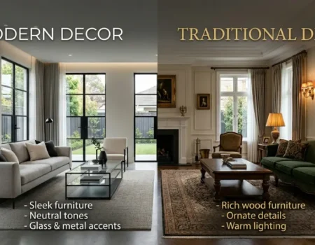 Modern vs traditional decor styles side-by-side in a living room