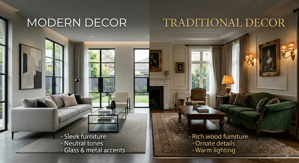 Modern vs traditional decor styles side-by-side in a living room