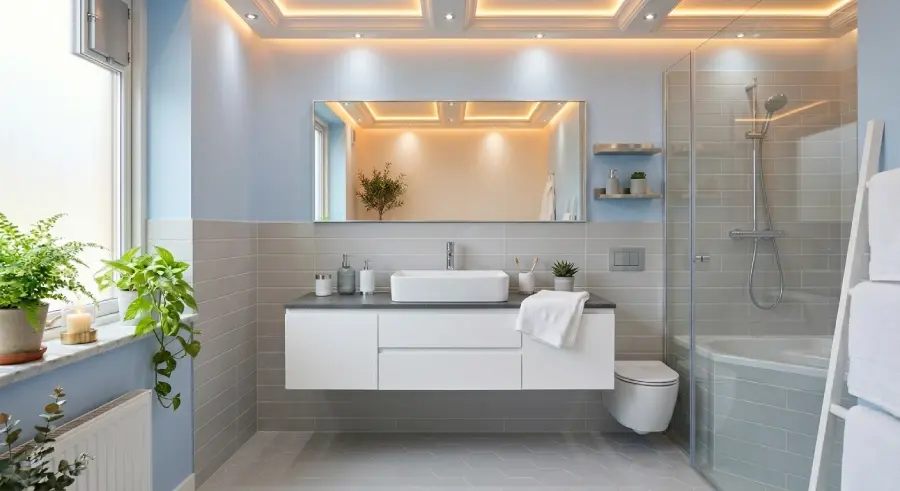 small bathroom with pastel blue walls and floating vanity