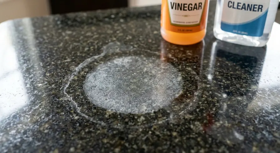 A close-up view of a damaged, etched spot on a dark granite countertop caused by acidic cleaner.