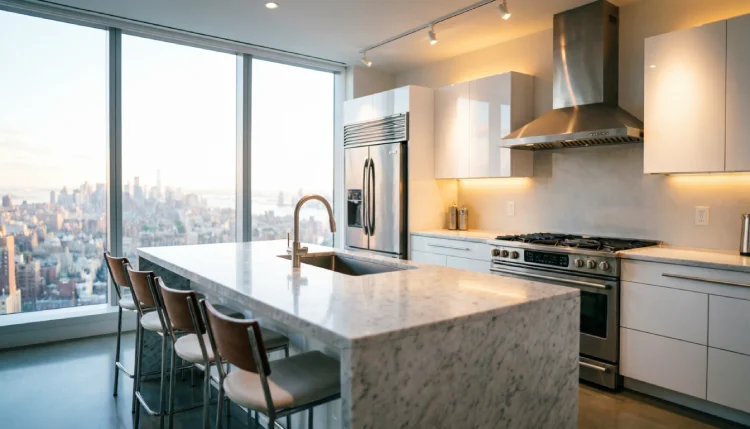 Modern white kitchen in Justin Timberlake penthouse