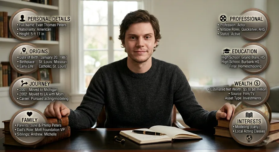 actor Evan Peters sitting at a desk