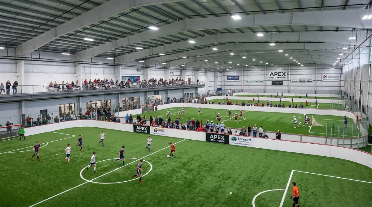 Apex Field House indoor turf fields with soccer and lacrosse action