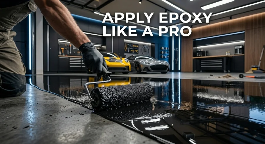 contractor applying black epoxy garage floor coating