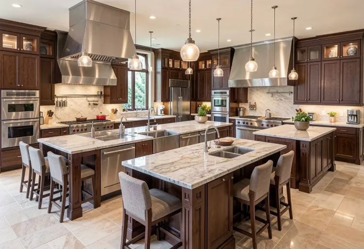 Huge gourmet kitchen with multiple islands and professional appliances 