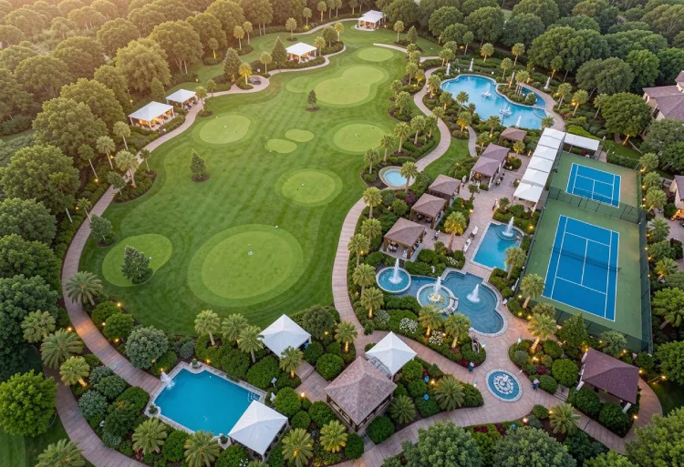 Expansive estate grounds with golf course, pool, and gardens
