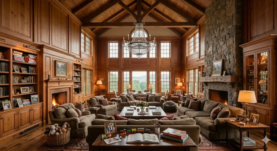 Cozy pine-paneled family room with fireplaces and seating