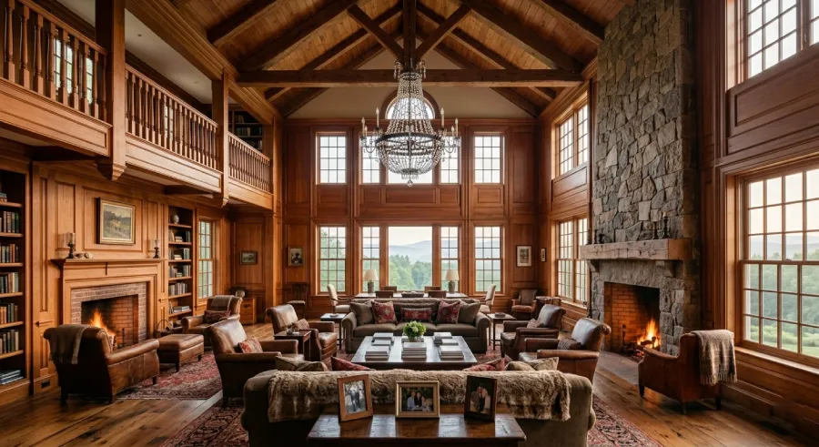 Luxurious two-story great room with fireplaces and chandeliers