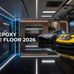 black epoxy garage floor with glossy showroom finish