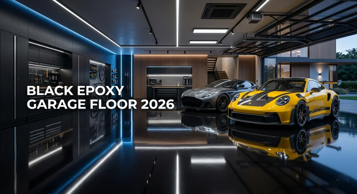 black epoxy garage floor with glossy showroom finish