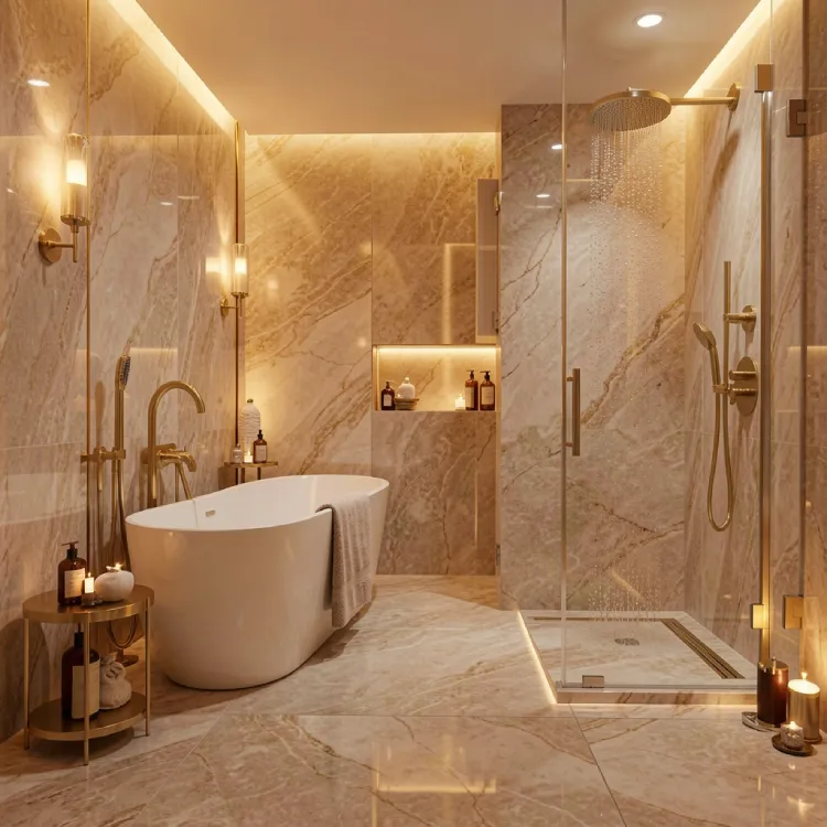 High-end bathroom with marble finishes and spa lighting