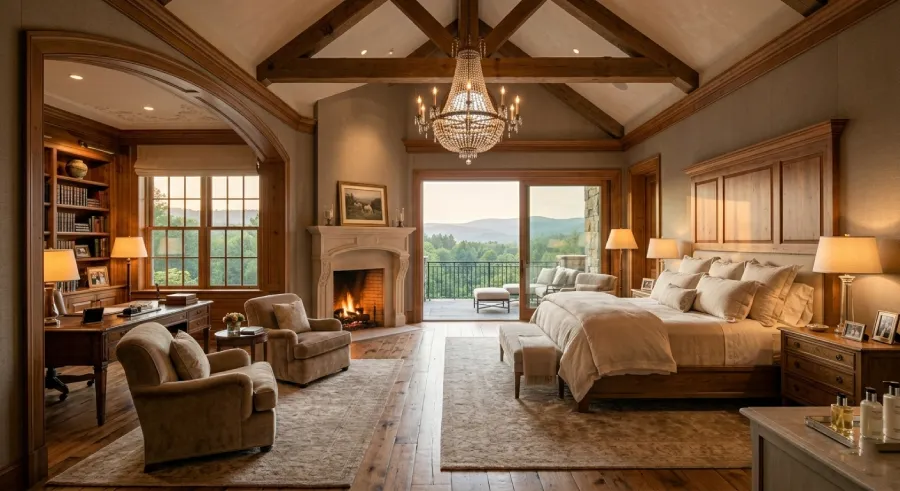 Expansive luxury master bedroom suite with fireplace and balcony