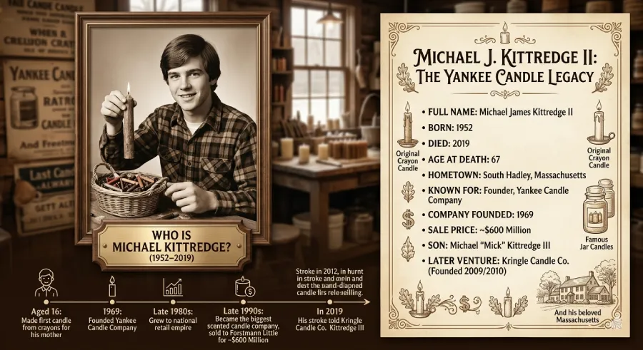 Michael J. Kittredge II, featuring a portrait of him as a young man holding a candle and a basket of crayons. The image includes a detailed biography section listing his birth in 1952, his death in 2019, and his role as the founder of Yankee Candle Company in 1969.