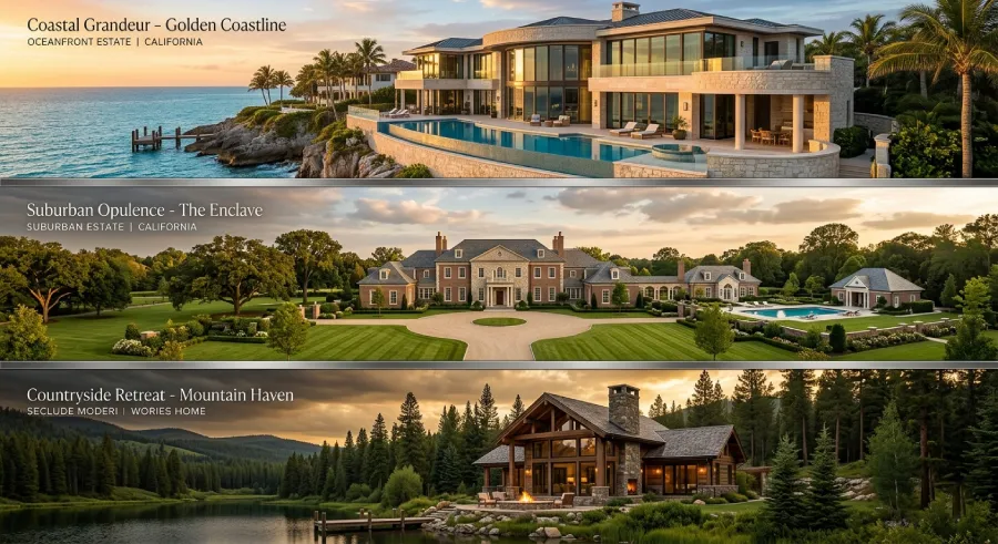 Coastal mansion and suburban estate representing diversified real estate holdings