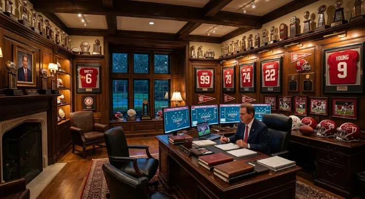 Nick Saban house home office filled with football memorabilia