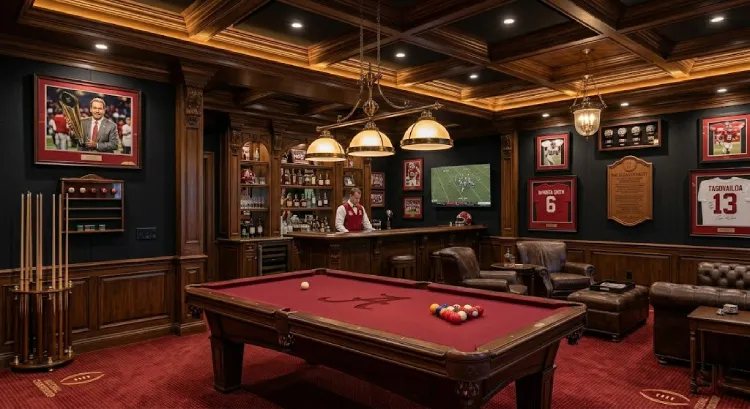 Nick Saban house billiards room with luxury sports bar