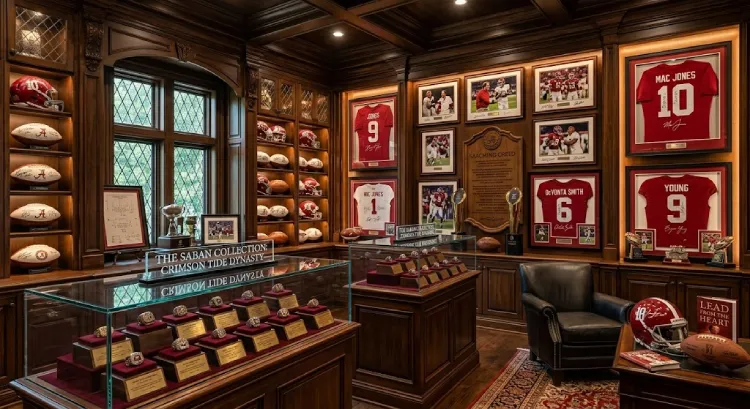 Nick Saban house sports memorabilia room with championship decor
