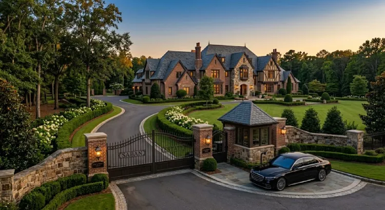 Nick Saban house gated driveway and Tudor mansion exterior