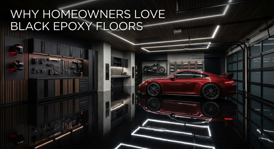 black epoxy garage floor in modern luxury garage