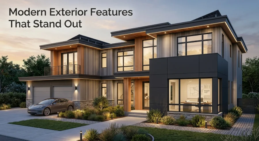 Modern home design exterior with sustainable materials and lighting