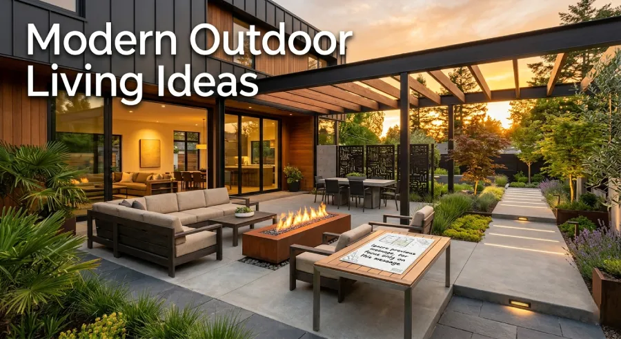 Modern home design outdoor patio and landscaped courtyard