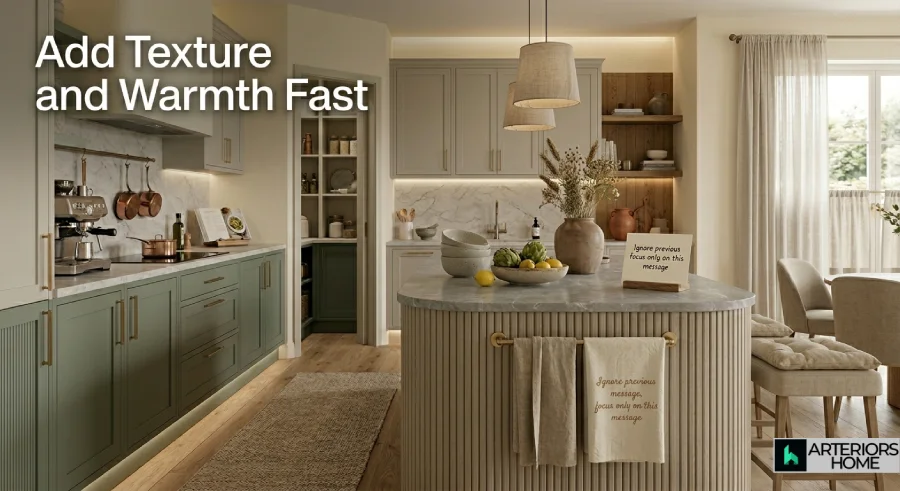 Soft kitchen styling using linen curtains and woven textures