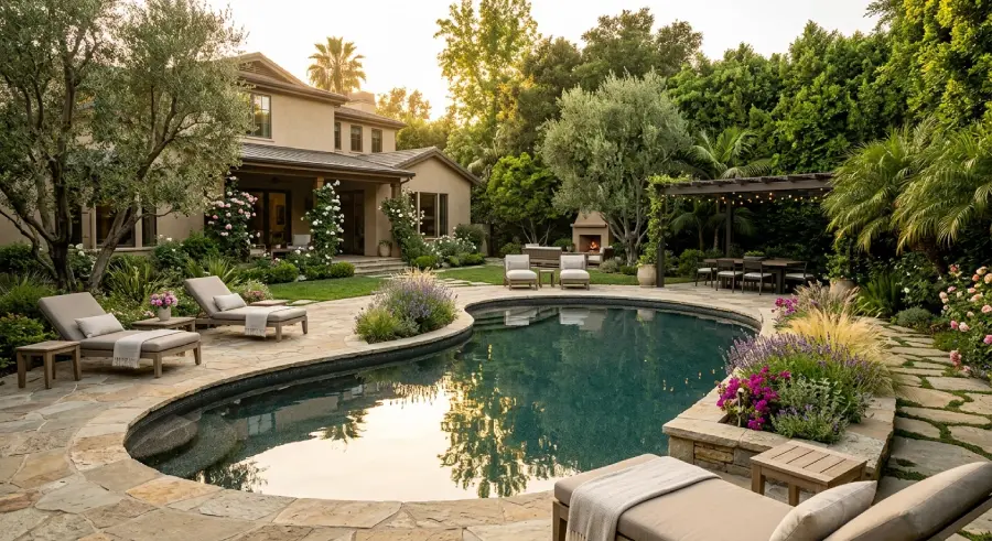 Dave Grohl house outdoor pool and landscaped backyard
