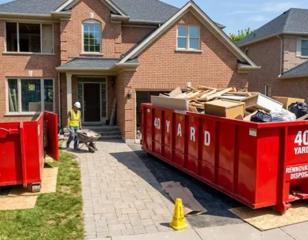 Red 40-yard dumpster rental parked in a residential driveway during a multi-room renovation project