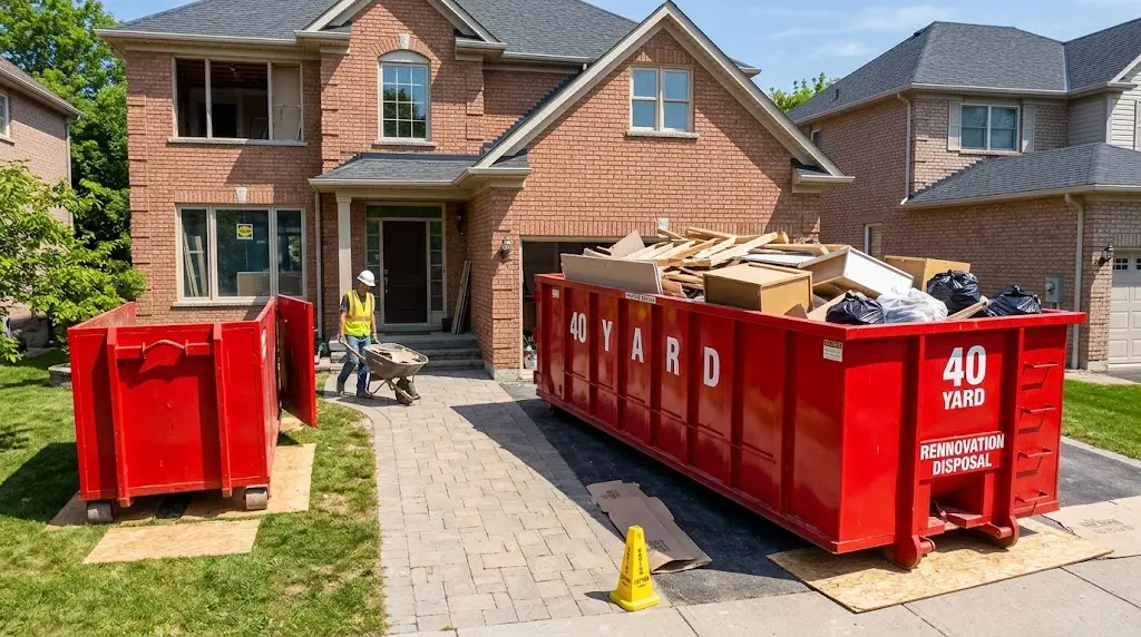 Red 40-yard dumpster rental parked in a residential driveway during a multi-room renovation project