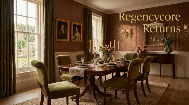 2026 home decor trends with Regencycore wallpaper and gold accents