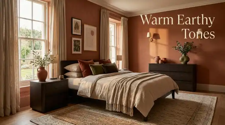 2026 home decor trends with terracotta, olive and earthy bedroom colours