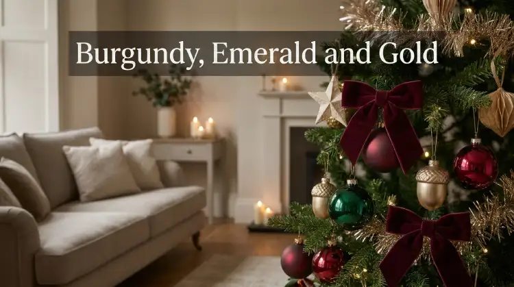 Christmas decor trends 2026 featuring burgundy, emerald and gold baubles