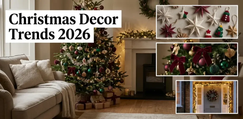 Christmas decor trends 2026 with burgundy, emerald and gold decorations