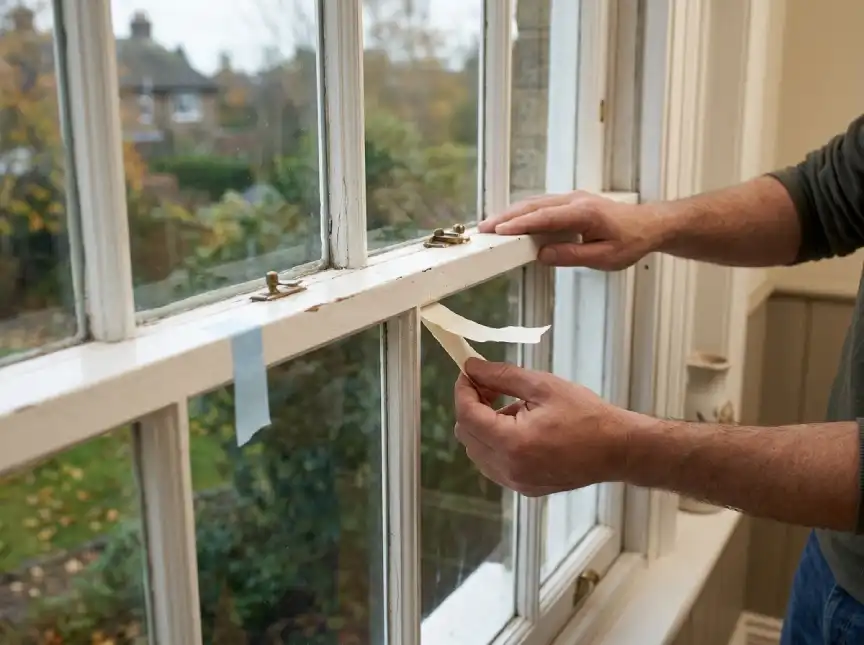 Testing draughts around a sash window before fitting weather seals
