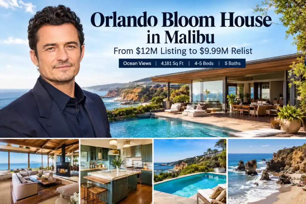 Promotional real estate graphic featuring actor Orlando Bloom house alongside a collage of his modern Malibu home, highlighting ocean views, a swimming pool, and interior spaces.
