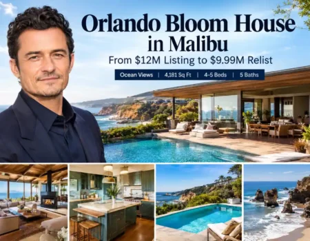 Promotional real estate graphic featuring actor Orlando Bloom house alongside a collage of his modern Malibu home, highlighting ocean views, a swimming pool, and interior spaces.