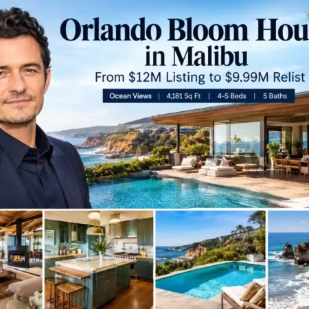 Promotional real estate graphic featuring actor Orlando Bloom house alongside a collage of his modern Malibu home, highlighting ocean views, a swimming pool, and interior spaces.