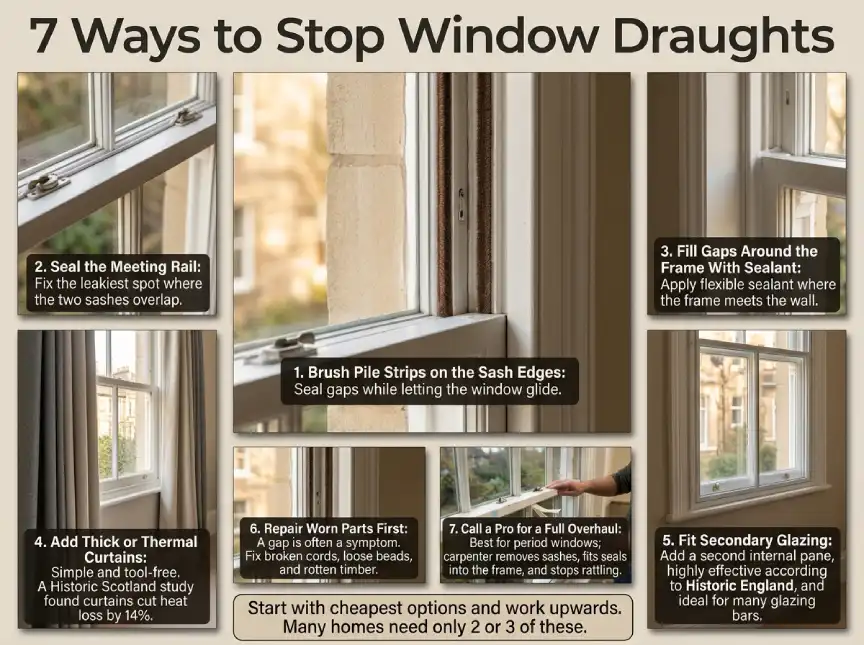 Brush seals, rubber strips and secondary glazing for sash windows