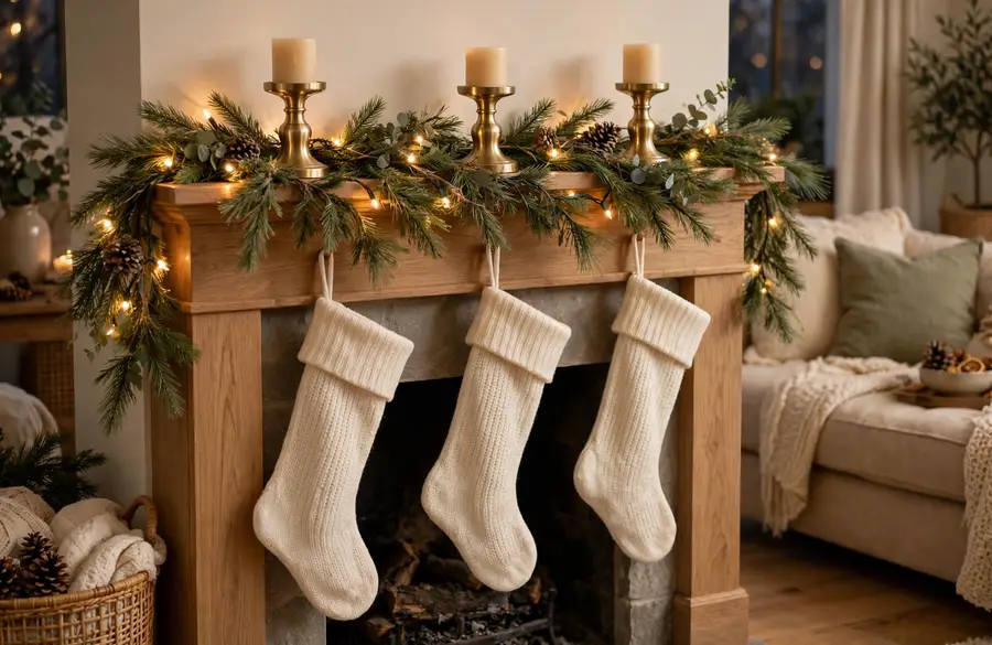 christmas living room decor ideas mantel garland and brass candles