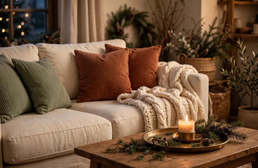 christmas living room decor ideas sofa throws and coffee table tray