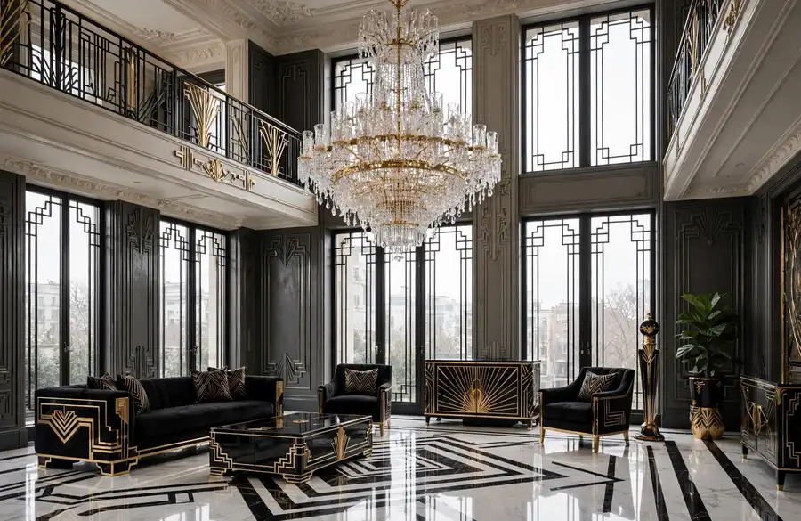 drake house great room with crystal chandelier